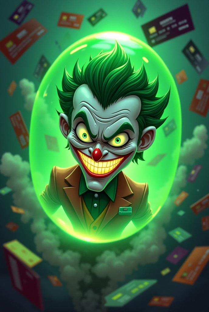 joker cartoon version with golden smile, inside a green bubble with the background of the image full of credit cards and toxic smoke 