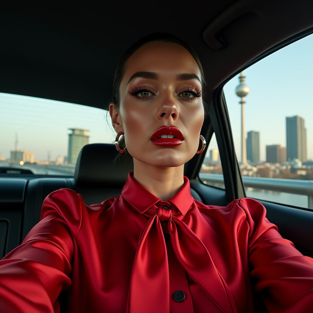 selfie photo of a androgynous lady in a car, wearing a glamorous satin blouse with red tie, city of berlin in the background