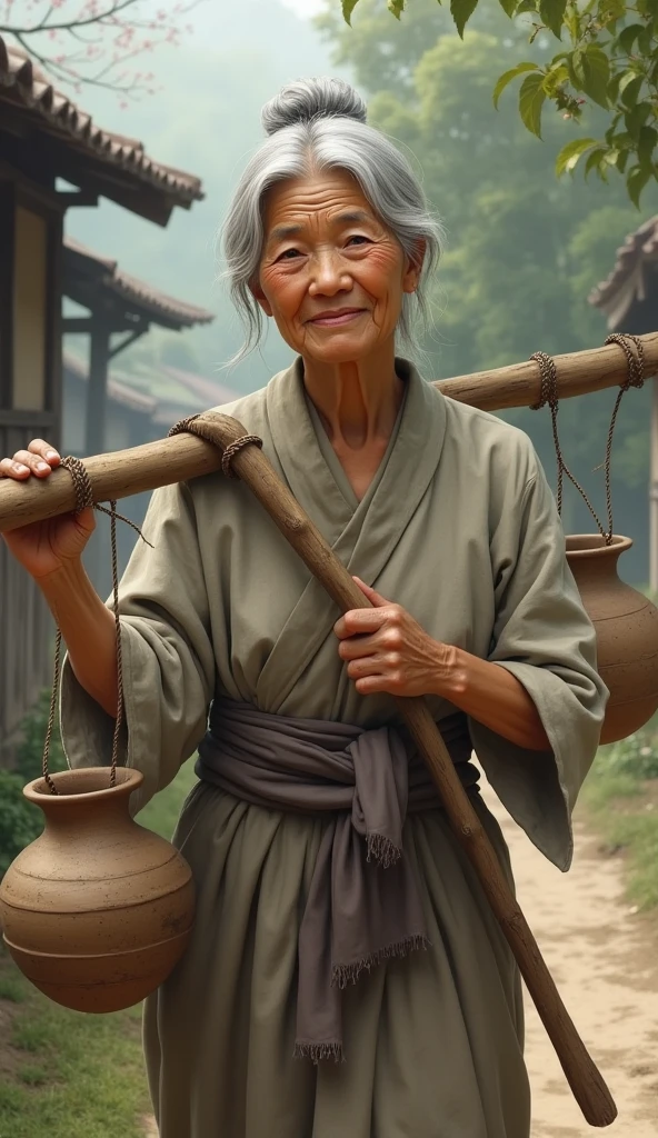 Appearance: A kind and gentle elderly woman with silver hair tied in a loose bun. She has warm, wrinkled skin and wears simple, faded clothes, perhaps a long dress or a traditional robe. She carries a wooden pole across her shoulders with a pot hanging on each end.