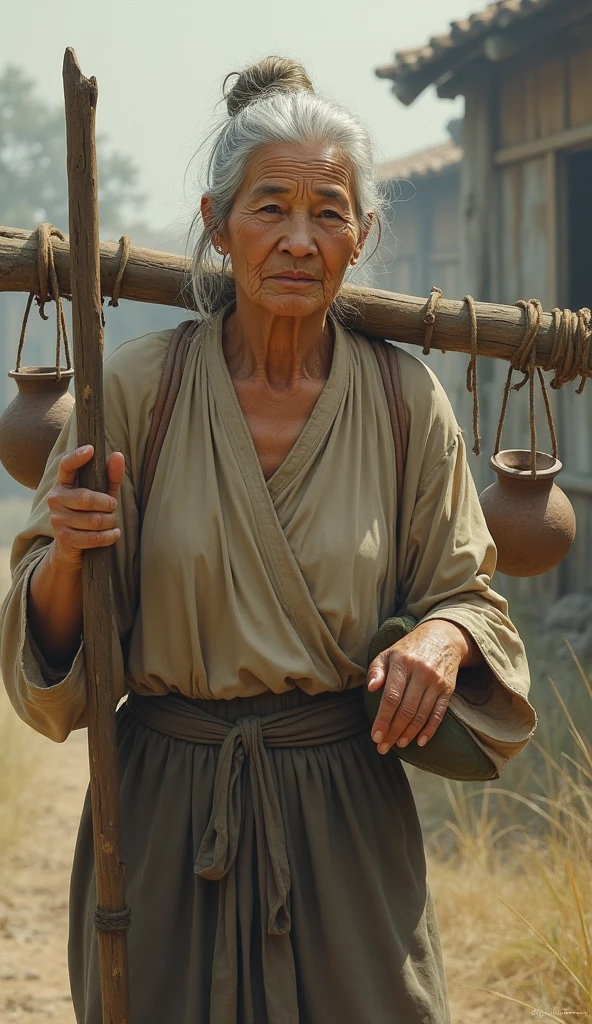 Appearance: A kind and gentle elderly woman with silver hair tied in a loose bun. She has warm, wrinkled skin and wears simple, faded clothes, perhaps a long dress or a traditional robe. She carries a wooden pole across her shoulders with a pot hanging on each end.