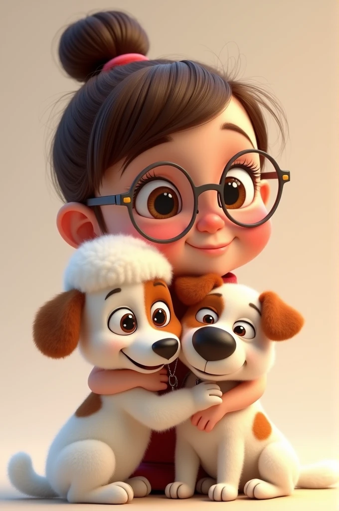 Disney Pixar A 3d toon cartoon of a chubby, plump, somewhat fat girl of about 3 with big glasses and tender eyes, She wears brown hair up in a bun with a middle part,small nose cute smile, who hugs and plays with his two dogs, a cute white poodle named Tommy and a Jack Russell dog named Ragnar who is white with a light brown 1 eye patch and large brown spots on his body. Both dogs happy and cute. To use as Instagram profile picture