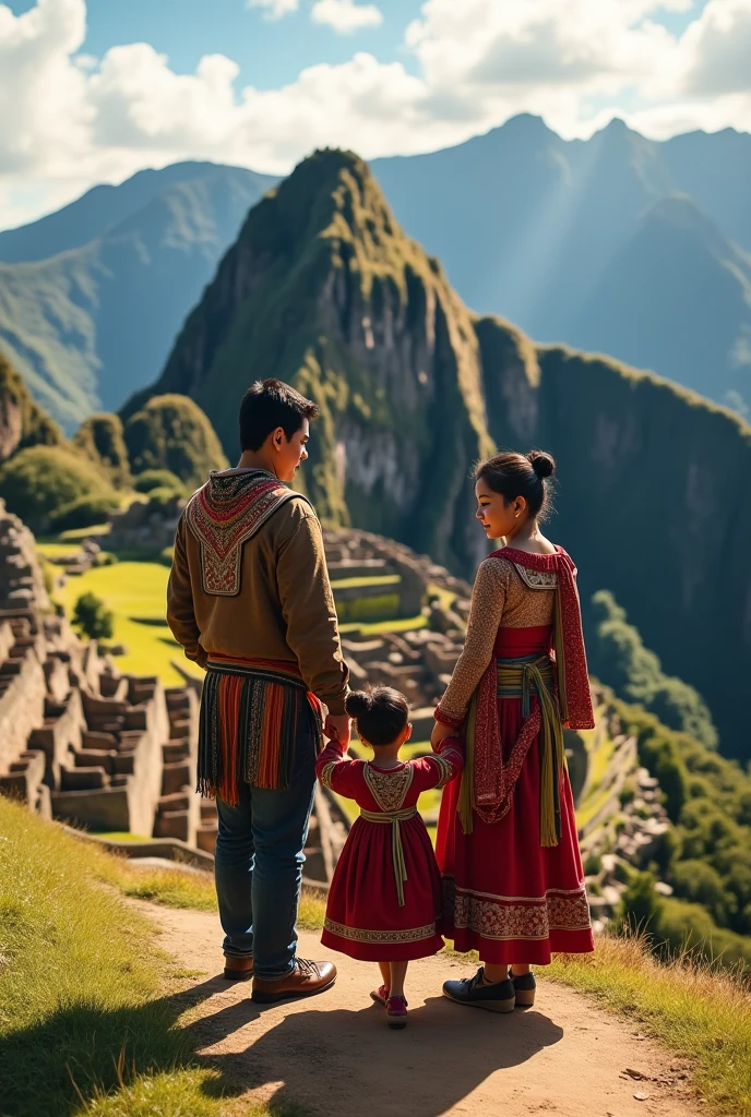 Background of machupichu, in front of dad, mom and 2 twin girls