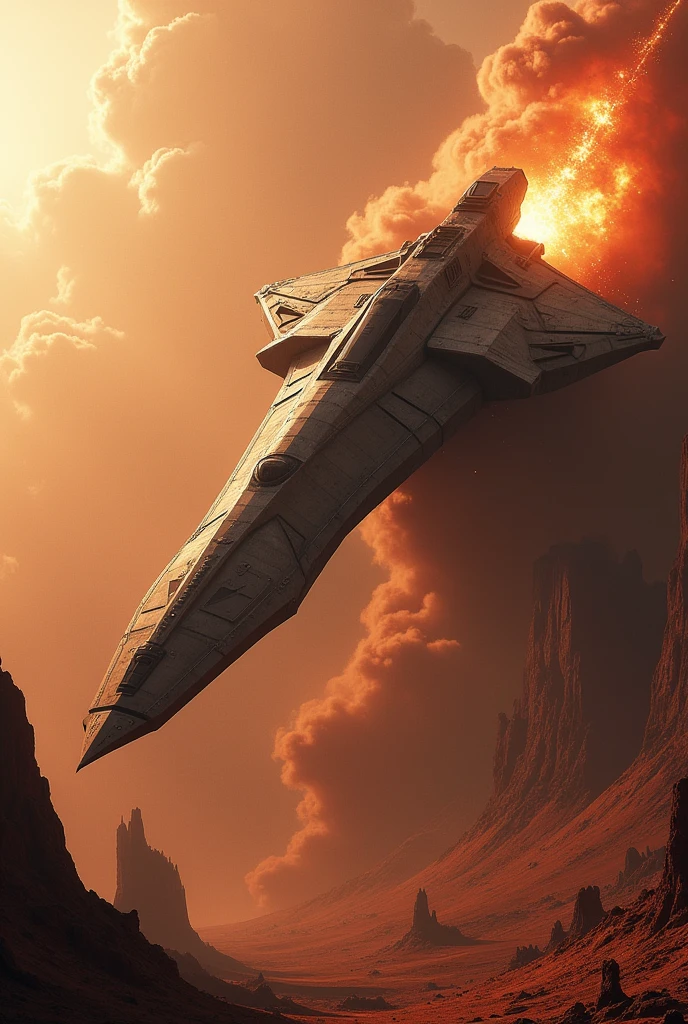 Create a image of a spaceship crashing into a planet