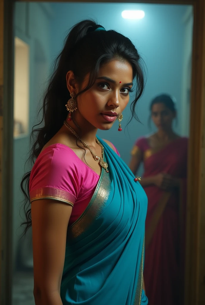 pretty like princess,indian woman wearing saree and short sleeve blouse in a dusty room in front of other woman watching her,she is wearing blue synthetic saree on a pink u neck short sleeve blouse,she is sweating heavily due to the humidity in the room,she has huge breasts and a narrow waistline, curvy hips and slim waist,glossy lips,long lush hair tied up in pony style