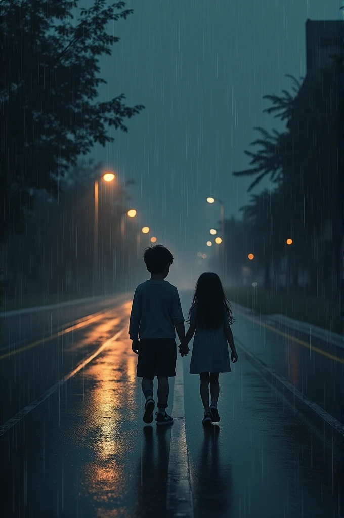 Under the dim glow of streetlights, a boy and a girl walk side by side down an empty road. The rain falls gently, casting a shimmering veil over the pavement. The rhythmic patter of raindrops creates a soothing backdrop as they stroll through the quiet night. Their footsteps echo softly, and the world around them feels serene and still, punctuated only by the occasional flash of distant lightning.