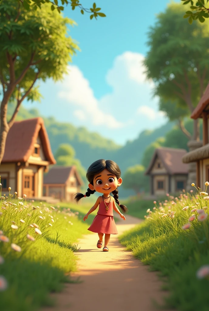 In 3D animation style " A small, idyllic village with traditional houses and lush green surroundings. In the center, a sweet  named Meera, around 7-, with braided hair and a simple dress, playing happily"