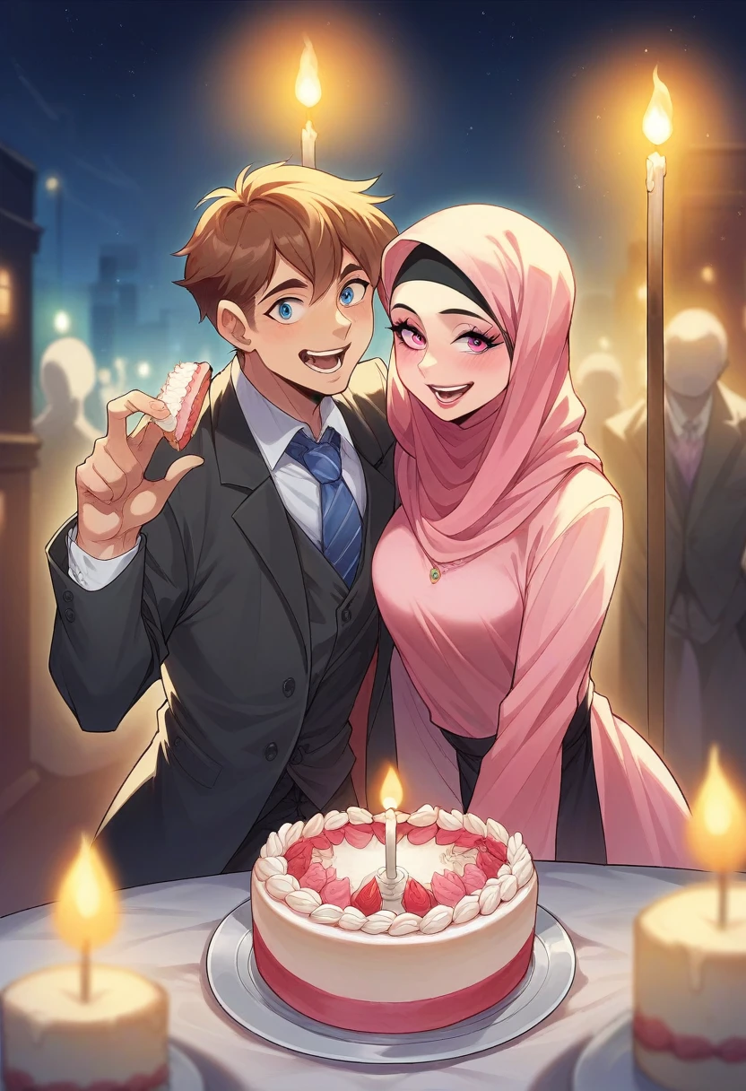 Create an image featuring two individuals sitting closely together in front of a birthday cake with lit candles. The individuals should be dressed in formal attire, with one wearing a hijab and the other in a suit. The setting is an urban environment at night, showcasing city lights and skyscrapers in the background. The birthday cake is big an awsome should have the text "Happy Birthday [SEPTI SULISTIYANI],and candle 25 " on it, and there should be a warm, pink glamour celebratory atmosphere to the scene.