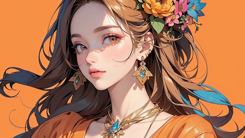 32K, 最高quality, 最高masterpiece, (ultra-Detailed Background, Detailed Background), High resolution, Super detailed, Very detailedな, 1 personの, (bouquet:1.3), (Tangled:1.2), (Geometric:1.2),(colorful),(masterpiece, quality, best quality, Official Art, Beautiful and beautiful:1.2), (1 person:1.3), Very detailed,(colorful:1.1)(Flowers:1.3),Most detailed,(Tangled:1.2), whole body, (Abstract background:1.3), (Skin glows), (Many colors:1.4), ,(Earrings Jewelry:1.5), Pale Orange Background, Gradation, It's imaginative., Flaxen Hair,