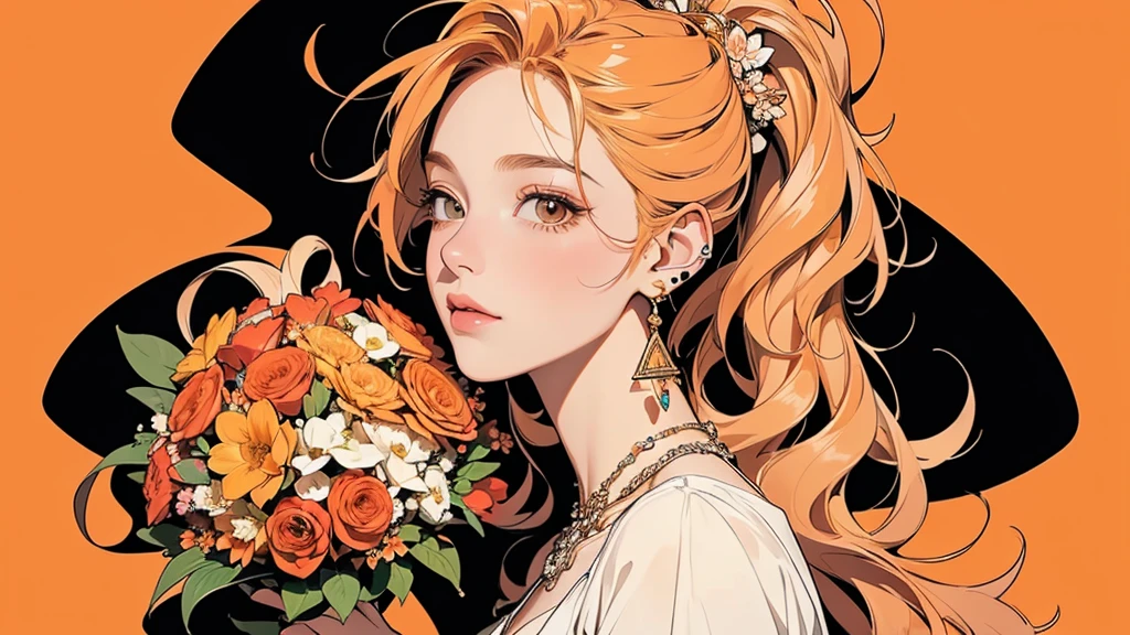 32K, 最高quality, 最高masterpiece, (ultra-Detailed Background, Detailed Background), High resolution, Super detailed, Very detailedな, 1 personの, (bouquet:1.3), (Tangled:1.2), (Geometric:1.2),(colorful),(masterpiece, quality, best quality, Official Art, Beautiful and beautiful:1.2), (1 person:1.3), Very detailed,(colorful:1.1)(Flowers:1.3),Most detailed,(Tangled:1.2), whole body, (Abstract background:1.3), (Skin glows), (Many colors:1.4), ,(Earrings Jewelry:1.5), Pale Orange Background, Gradation, It's imaginative., Flaxen Hair,
