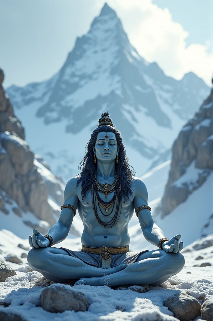 God Shiva doing meditation in the snowey mountain having a trisul in his hand sront shot full realistic photo