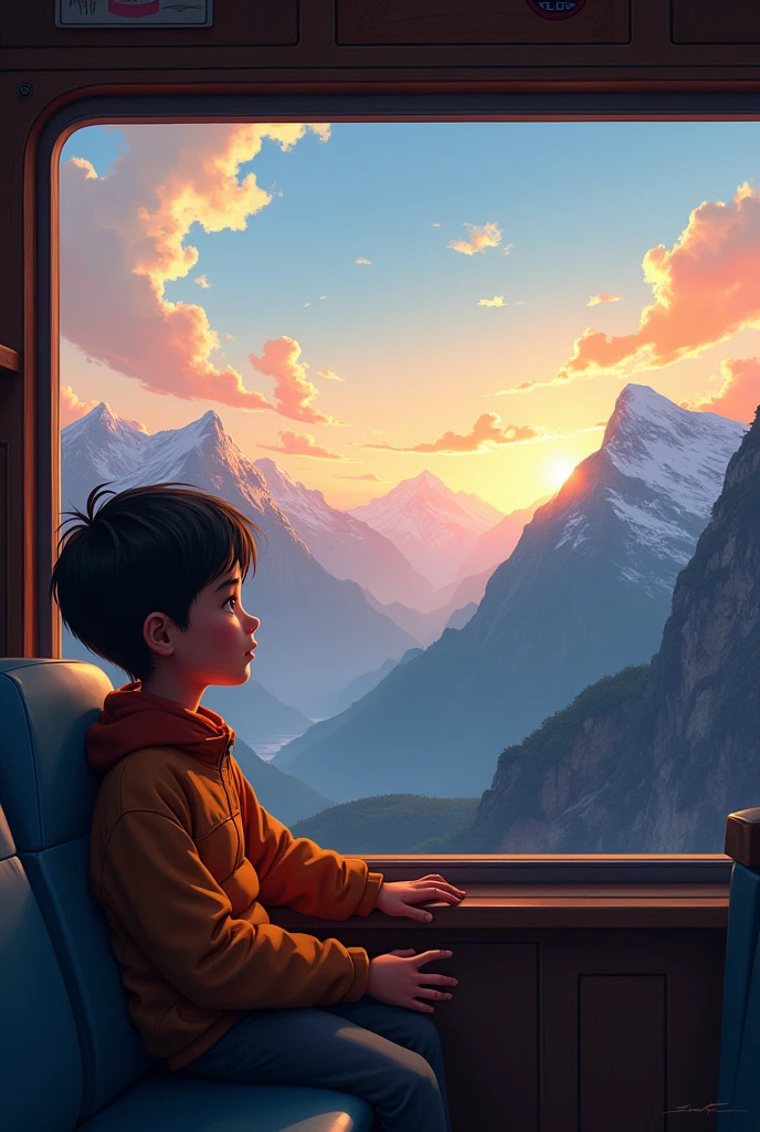 The careless boy sit in bus and seeing the outside to the window form bus in high altitude point mountain view sunet