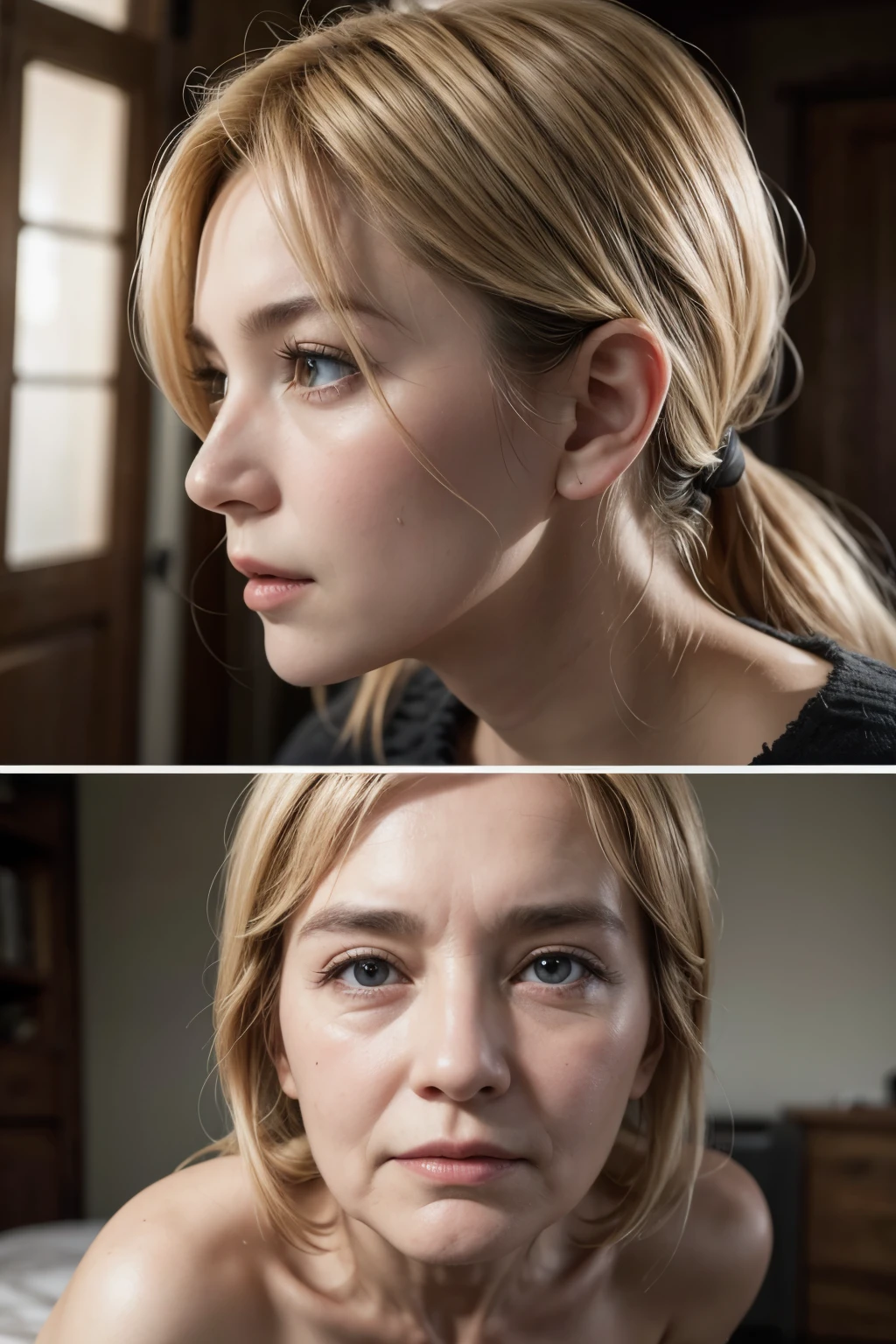 old female face, 3/4 view, beautiful,
