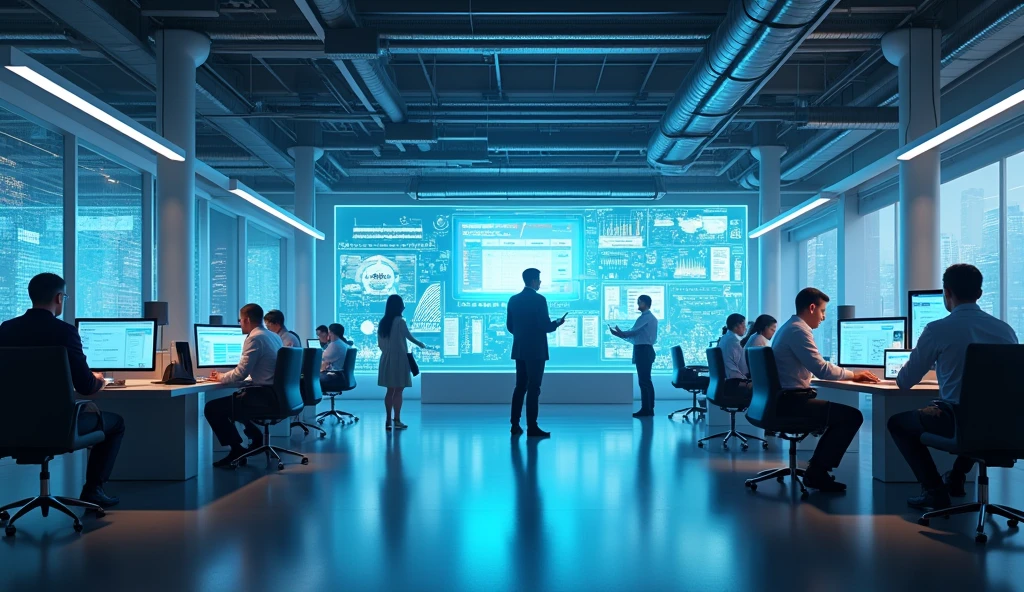 Create an image showcasing a modern, high-tech office environment where professionals are using advanced technology for accounts payable automation. Include visual elements like automated digital workflows, data analytics, and streamlined processes. The atmosphere should convey efficiency and innovation, with clear branding elements related to Quadient AP Automation