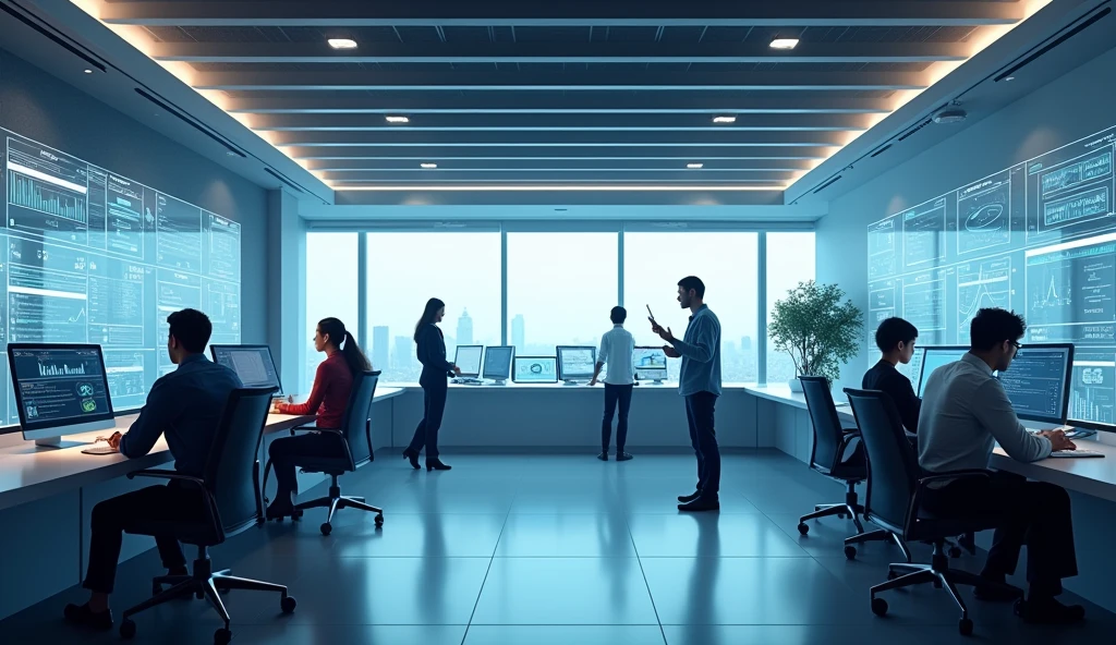 Create an image showcasing a modern, high-tech office environment where professionals are using advanced technology for accounts payable automation. Include visual elements like automated digital workflows, data analytics, and streamlined processes. The atmosphere should convey efficiency and innovation, with clear branding elements related to Quadient AP Automation