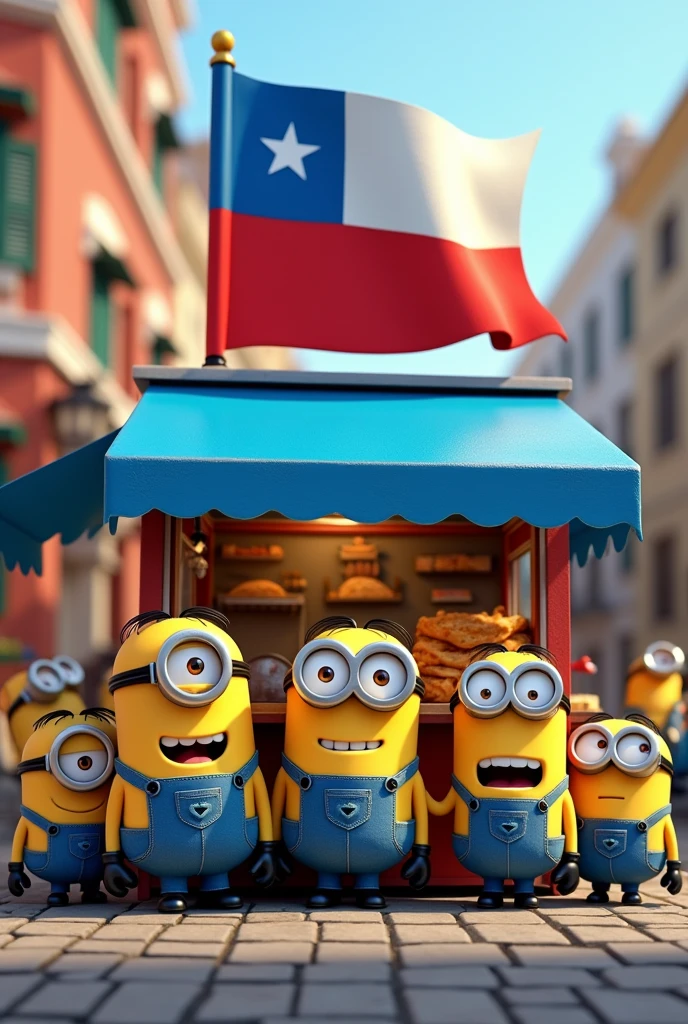 Empanada stand with a blue awning and minions with the Chilean flag

