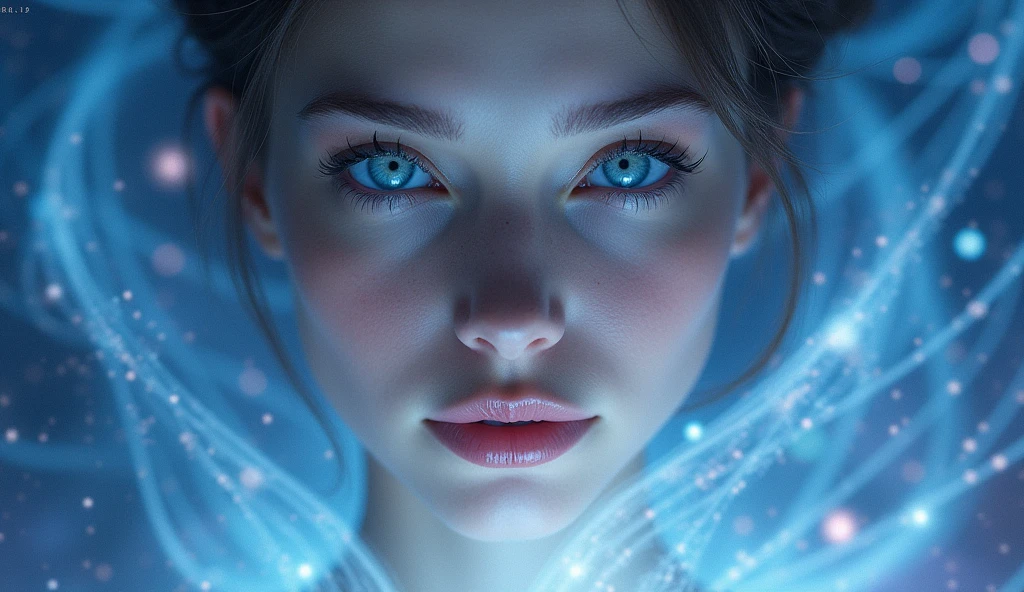 A captivating, mystical close-up of a woman's face, facing forward with both eyes clearly visible. The woman's eyes are a striking light blue color, her expression is calm and serene. She is wearing a simple, elegant outfit. The scene is surrounded by swirling cosmic energy, with an ethereal beam of light descending from the cosmos. The background features a vast, starry sky with glowing nebulas and galaxies. The colors are deep blues, purples, and shimmering whites, creating a sense of awe, awakening, and cosmic power.
