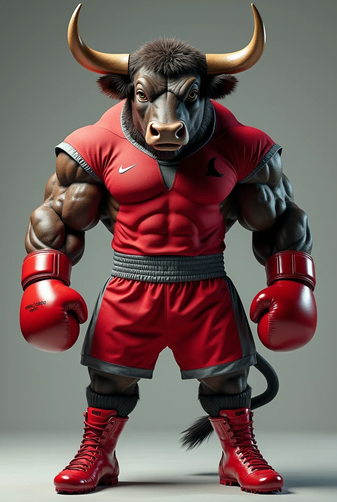 bull:

The bull is portrayed in a hyper-realistic way, with meticulous details on the skin, Muscles and hair. The bull has a strong and confident posture, highlighting your muscles. The skin texture should be rich in detail, showing pores, hair and natural color variations, like brown or black.
boxing gloves:

The bull wears a pair of red boxing gloves with a detailed and realistic finish. Gloves must have visible textures, such as leather or synthetic material, and details such as seams and signs of use. Gloves should appear to fit snugly against the bull&#39;s front legs..
soccer cleats:

On the hind feet, the bull is wearing modern, hyper-realistic football boots. Football boots must have visible studs, stitching details and a polished finish, typical of a high quality sports shoe. The boots should fit naturally on the bull&#39;s hind legs..
chemise:

The bull is wearing a red shirt with gray details. The shirt should have a realistic fit, with fabric that looks natural and comfortable. on the chest of the shirt, the phrase “Mané Cidadão Project” is written in a legible and highlighted font. Typography should be clear and contrasting, like white or black, to ensure good visibility against the red background of the shirt.
Shorts de Muay Thai:

The bull is wearing Muay Thai shorts, that are loose and characteristic. The shorts are red with gray details., matching the shirt. The texture of the shorts should look realistic, with details such as embroidery or patterns typical of Muay Thai clothing.
Background and Environment:

The background can be a neutral environment to keep the focus on the bull or a backdrop that complements the sporting theme., like an arena or a boxing ring. The environment should be designed in such a way as to highlight the central figure without diverting attention.