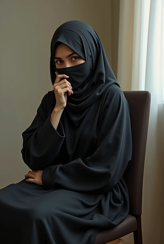 one women wearing niqab seat on chair,at room ,hand at face