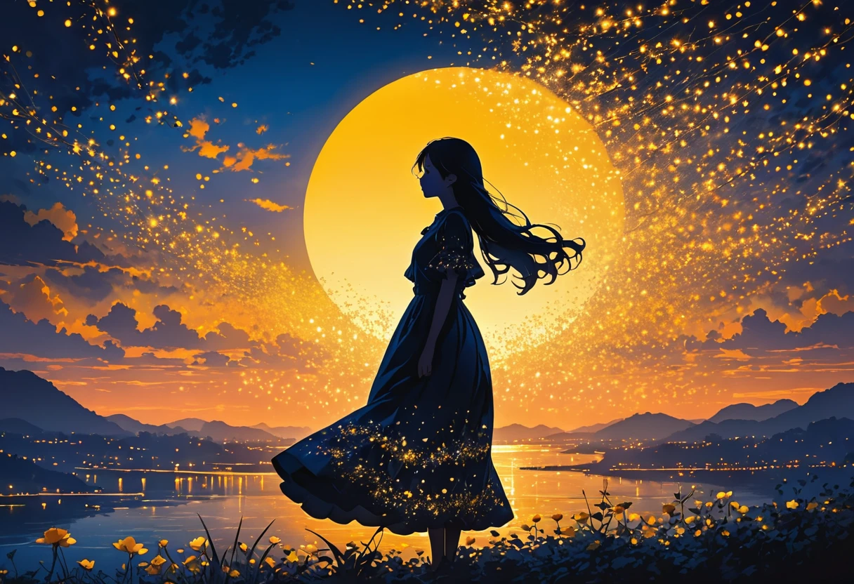 The image depicts a silhouette of a girl standing against a stunning sunset background. The sky transitions from a deep yellow near the horizon to a deep blue as it ascends. The figure appears to be enveloped in a series of tiny glowing fairy lights, some of which are illuminated, creating a stunning and captivating contrast to the dark silhouette. The figure appears to be holding out one arm, perhaps adjusting to or interacting with the lights. The overall mood of the image is peaceful and magical.