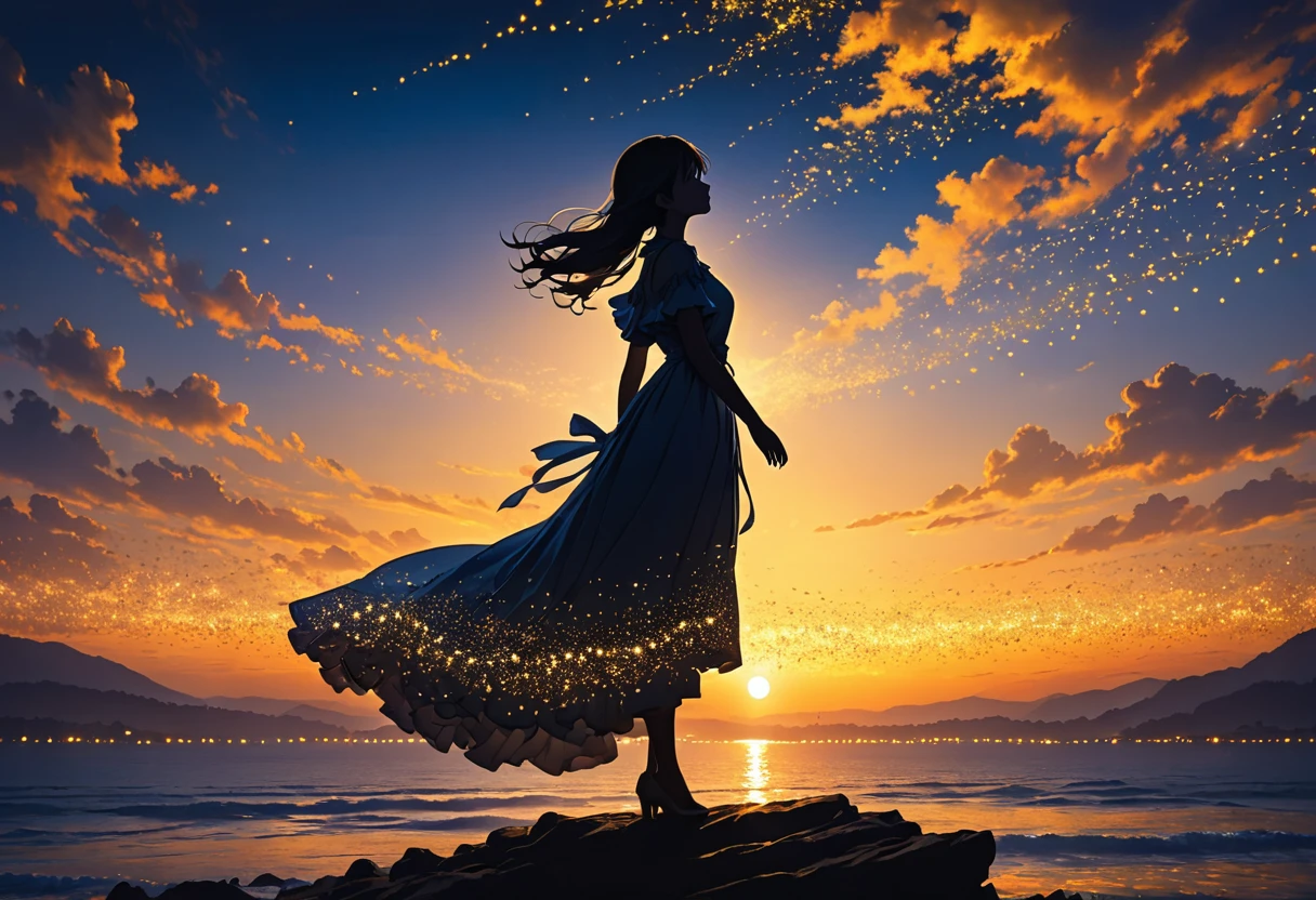 The image depicts a silhouette of a girl standing against a stunning sunset background. The sky transitions from a deep yellow near the horizon to a deep blue as it ascends. The figure appears to be enveloped in a series of tiny glowing fairy lights, some of which are illuminated, creating a stunning and captivating contrast to the dark silhouette. The figure appears to be holding out one arm, perhaps adjusting to or interacting with the lights. The overall mood of the image is peaceful and magical.