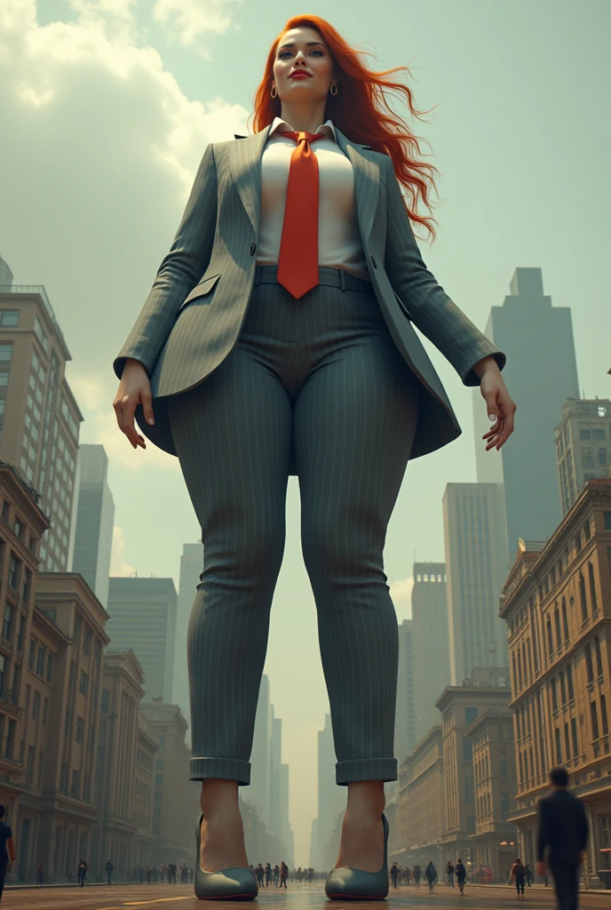 (photorealism:1.2), giant, giant art, giantess, Have a pair of ultra long legs, heels much larger than a skyscraper , huge breasts, hourglass figure, grey pinstriped suit,white tailored shirt, large broad red tie, Has ginger waist-length hair,Wearing a pair of platform heels, leaning over, tie hanging down, massive tie larger than a skyscraper, A look of enjoyment, Beautiful appearance,very small metropolis, Trying to destroy a miniature metropolis, Full body depiction, nffsw, Giga Giant, Exquisite makeup,quality, Cinema lighting,film grain,8k,textured skin,Super details,high detail,high quality,high resolution, smile