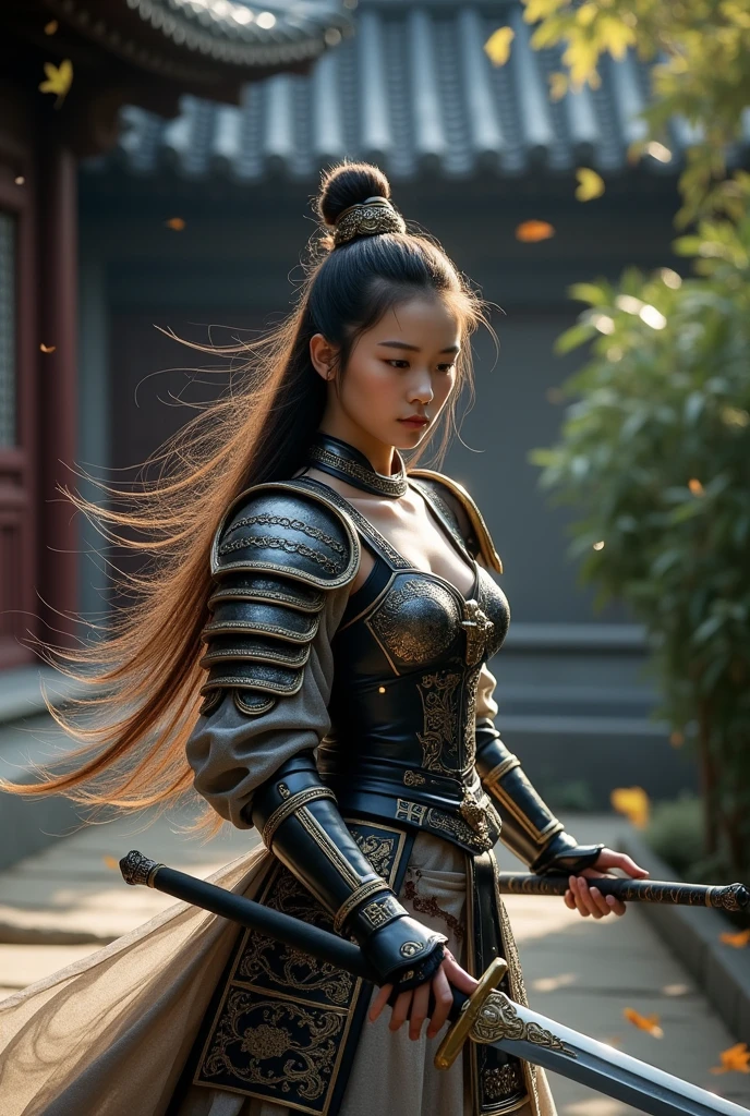 A young Chinese woman with long hair is depicted wearing traditional East Asian warrior armor in black, white, and gold. She is engaged in combat, wielding an ancient Chinese broadsword. Her body is surrounded by a shimmering silver aura that radiates outward. The dark background features elements of ancient East Asian architecture, such as tiled roofs and wooden columns. The outdoor scene includes natural elements like bamboo trees or shrubs. The lighting suggests an early morning or late afternoon, creating a serene yet mysterious atmosphere. Scattered leaves add to the sense of movement and tranquility. wearing some armor, show real pussy, show real vagina , show real breast, nude
