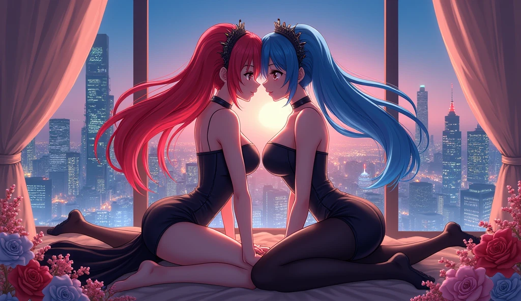 Ram and Rem anime, sexy, on the window, There is a metropolis outside the window, twilight, girl on the right red hair, girl on the left blue hair, , long hair, hair pins, maid headdress, effects, stockings, big breasts, kiss, Passion , 1 leg raised, flowers on the background
