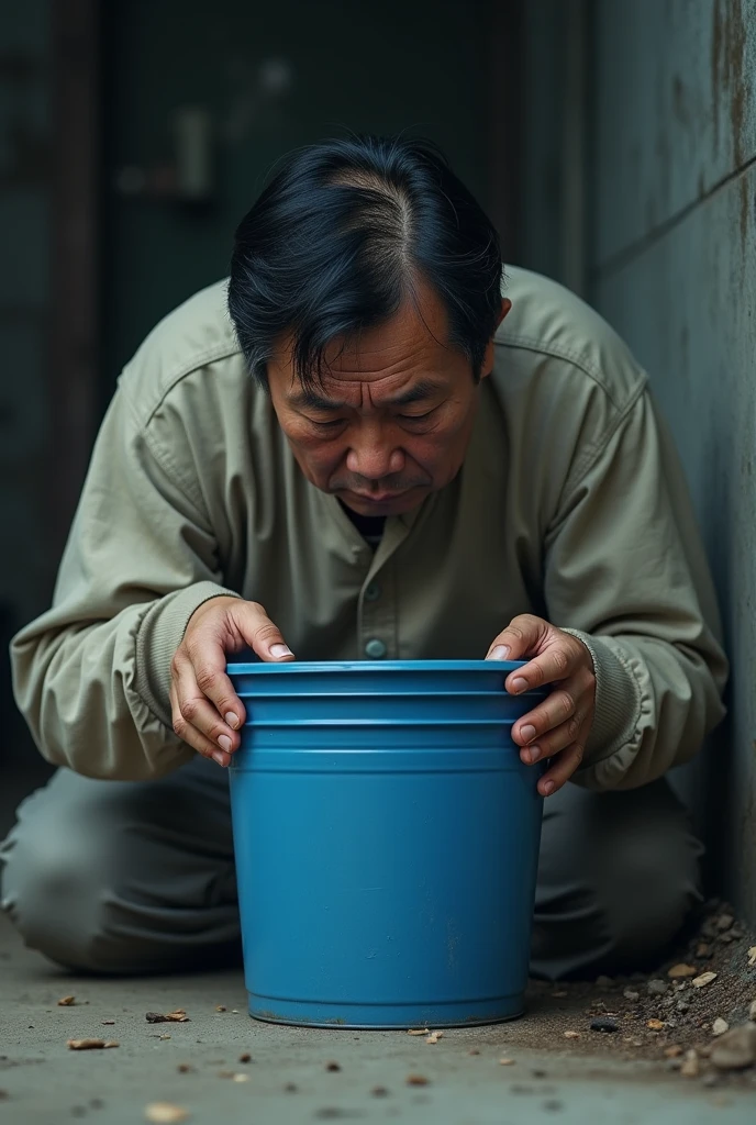 Make a Korean man crying in a blue bucket