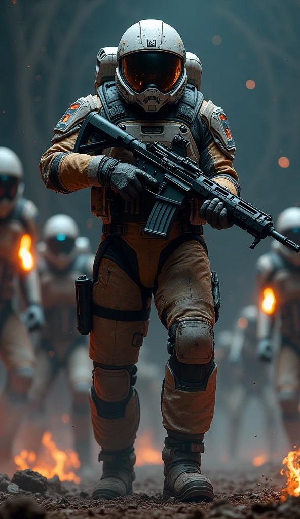 Create a astronaut inspired by dead space game in his hand carry a gun. Many aliens approaching towards us. He is using a gun and fitted in the astronaut suit, cover his head with a space astronaut suit helmet. Realise movie seen, ultra HDR, Real look and colours.