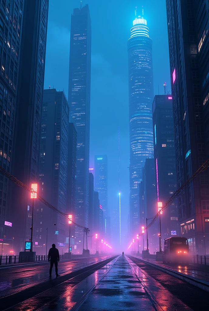 Full HD wallpaper of futuristic city at night with blue and lilac neon lights. dark theme.