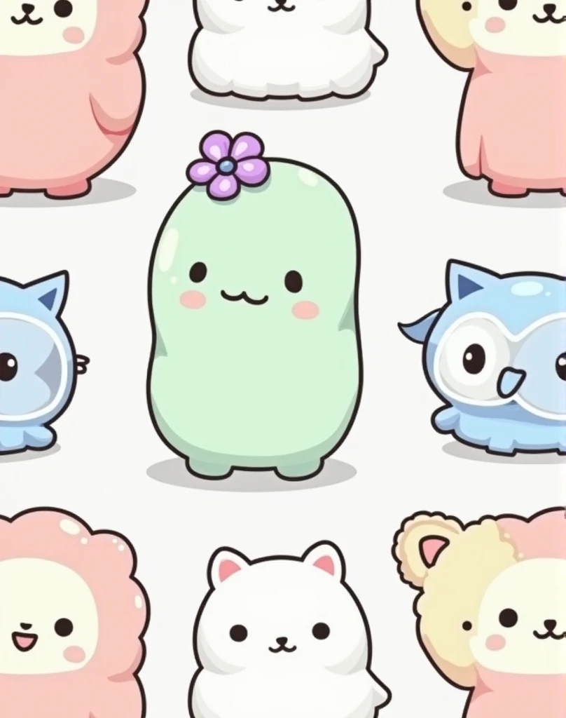 "Create a spectacular print with high-definition, contrasting repeats. 3d, focused on Squishmallows characters arranged in an overlapping manner, taking up all the space, without leaving empty areas. The image should include different Squishmallows with adorable expressions., all drawn with thin black outlines on a light gray background. Some of the characters should be colored in soft shades of pink., green and blue, while others remain black and white. Specific characters to be included: Um Squishmallow axolote, with pink body and lighter cheeks, positioned in the central left part. Um Squishmallow em forma de cacto, with a green body and a purple flower on top of the head. An owl Squishmallow, in shades of blue and white, located on the right side of the image. Various other monochromatic Squishmallows, including a cat, a elephant, a raccoon and a lion, drawn only with thin black outlines. Each Squishmallow must have a simple and cute facial expression., varying between smiling, blinking, or simply with your eyes open. The lines that delimit the characters must be thin, but well defined, creating a sharp contrast between the colored characters and the black outlines. Art should maintain a soft and cozy appearance., ideal for printing women's, children's and teenage clothing. Ensure that the print has a homogeneous distribution, with the characters interspersed and overlapped in such a way that they create a continuous and pleasing pattern, no empty spaces."