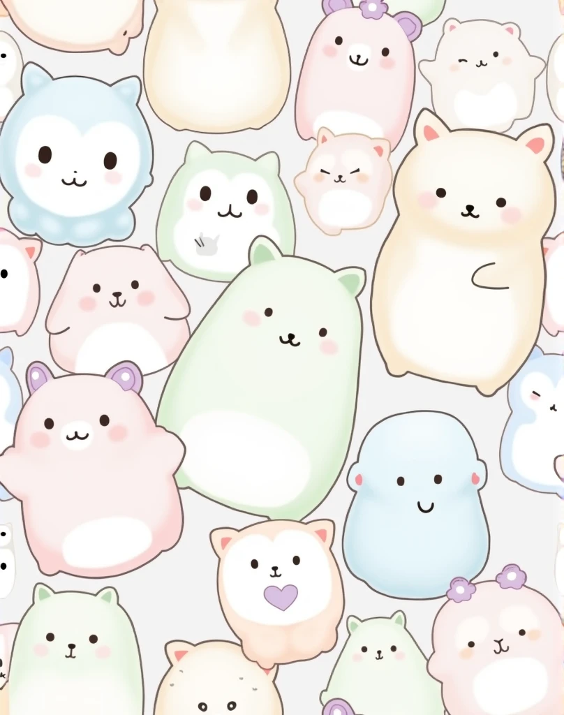 "Create a spectacular print with high-definition, contrasting repeats. 3d, focused on Squishmallows characters arranged in an overlapping manner, taking up all the space, without leaving empty areas. The image should include different Squishmallows with adorable expressions., all drawn with thin black outlines on a light gray background. Some of the characters should be colored in soft shades of pink., green and blue, while others remain black and white. Specific characters to be included: Um Squishmallow axolote, with pink body and lighter cheeks, positioned in the central left part. Um Squishmallow em forma de cacto, with a green body and a purple flower on top of the head. An owl Squishmallow, in shades of blue and white, located on the right side of the image. Various other monochromatic Squishmallows, including a cat, a elephant, a raccoon and a lion, drawn only with thin black outlines. Each Squishmallow must have a simple and cute facial expression., varying between smiling, blinking, or simply with your eyes open. The lines that delimit the characters must be thin, but well defined, creating a sharp contrast between the colored characters and the black outlines. Art should maintain a soft and cozy appearance., ideal for printing women's, children's and teenage clothing. Ensure that the print has a homogeneous distribution, with the characters interspersed and overlapped in such a way that they create a continuous and pleasing pattern, no empty spaces."