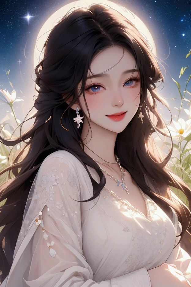 (masterpiece、Highest quality、8k、High resolution)、1 female、(Beautiful Face、Beautiful Face)、Beautiful eyes with slit length、Cute lips、Beautiful Nose、Brownish black hair、smile、(Best anime girl)、Grassland with a forest view、Walking,Colorful flowers blooming in the field,A bright night with the stars clearly visible、full moon、milky way、Mysterious light particles from the whole body、Colorful light particles、A mysterious light shining around your head、melt、jewelry、necklace、White lace dress、(Beautiful full body style)、Highly detailed anime art、A complete portrayal、
