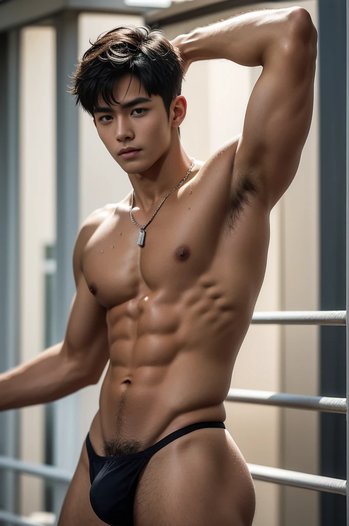 Don't close up, Tokyo street scenery, Tokyo street background, Full body photography, Crowded Tokyo street, very hot sunny day, crowded tokyi street scenery, Very micro red thong, Very hairy armpits, Very detailed finger, don't merge body, Very young Korean boy, ager boy, (photorealistic, masterpiece, best quality), white pale skin, muscular man, hunk, charming, attractive, wearing necklace in his neck, completely naked , Realistic, fully naked, nude, perfect , male , modeling for a photoshoot, editorial style, handsome man, detailed face, Topless, shirtless, boy, very young boy, Cinematic soft lighting illuminates a stunningly detailed and ultra-realistic handsome korean male supermodel, ultra messy curly hair, clear honey eyes, captivating perfect smile, sensual, hot man, insanely handsome, showing off his sweaty body, very sixpack muscular body build, slender, toned, full body, 8k, photography, masterpiece, detailed face, detailed eyes, detailed hands, in the crowded showing off his very bushy hairy armpits, only wearing very thin micro white thong with big hard dickprint bulge, very wet body, very sweaty body,