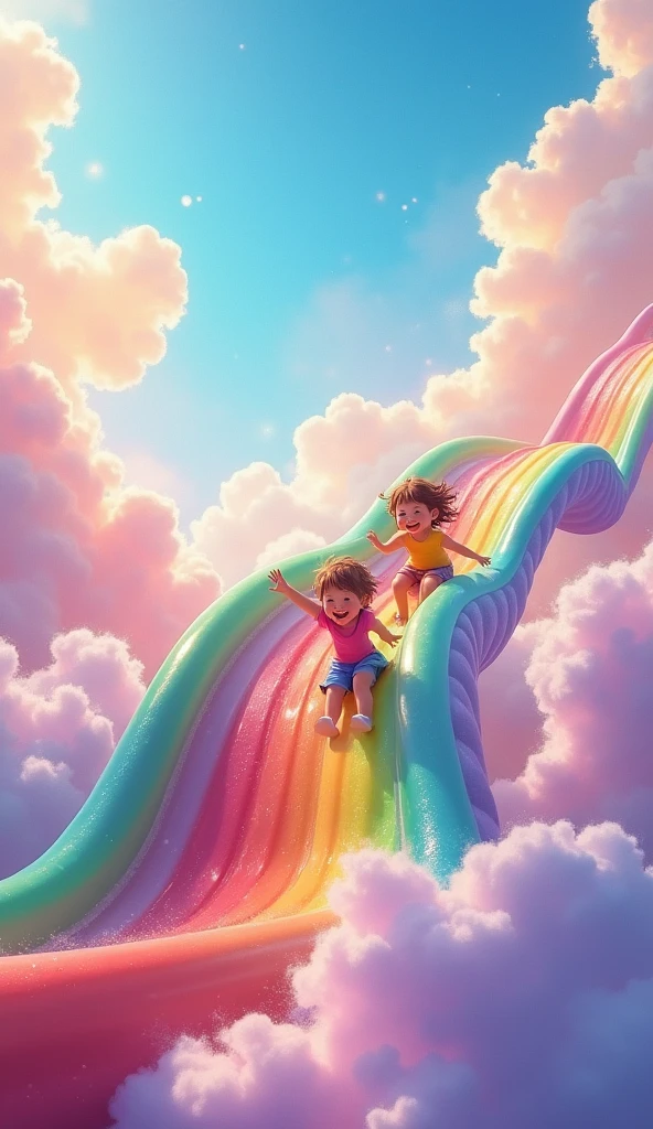 fantasy scenes, the slide is made of rainbows, girls and boy going down the slide, beautiful sky,