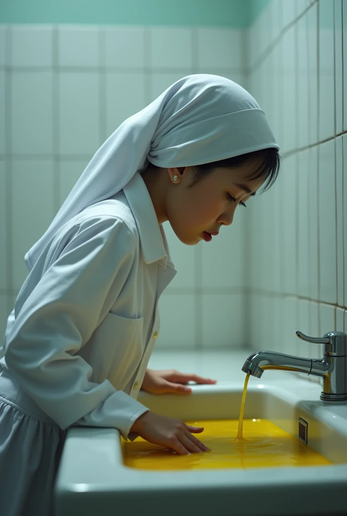 Malaysian  school kid,vomiting,wears white Malaysian school outfit,side view portrait, vomiting into sink
,wears white hijab, vomiting yellow