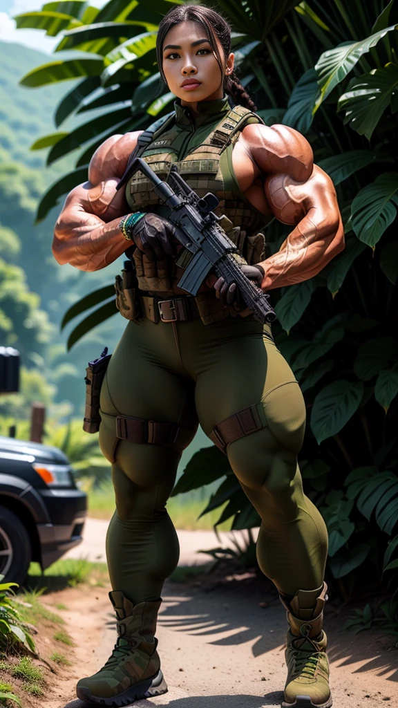 Photorealistic, high resolution, 1 malay girl from Sarawak, wearing a green beret, Solo, Hips up, Battlefield background,view the viewer, (Detailed face), braided hair, wearing a green beret and a special team logo, SWAT vests, airborne logo on the chest, sniper rifle handle, camouflage combat suit, Camoflage military uniform, SWAT Boots, bulletproof vest, Holding an assault rifle, M16, Inside the jungle of North Borneo, Very detailed, Perfect face, Black eye, jewelry, (full body view), Lifelike, masterpiece, HDR, 4K