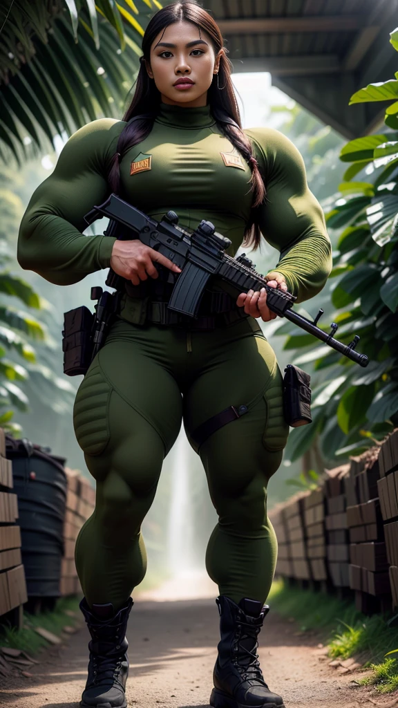 Photorealistic, high resolution, 1 malay girl from Sarawak, wearing a green beret, Solo, Hips up, Battlefield background,view the viewer, (Detailed face), braided hair, wearing a green beret and a special team logo, SWAT vests, airborne logo on the chest, sniper rifle handle, camouflage combat suit, Camoflage military uniform, SWAT Boots, bulletproof vest, Holding an assault rifle, M16, Inside the jungle of North Borneo, Very detailed, Perfect face, Black eye, jewelry, (full body view), Lifelike, masterpiece, HDR, 4K