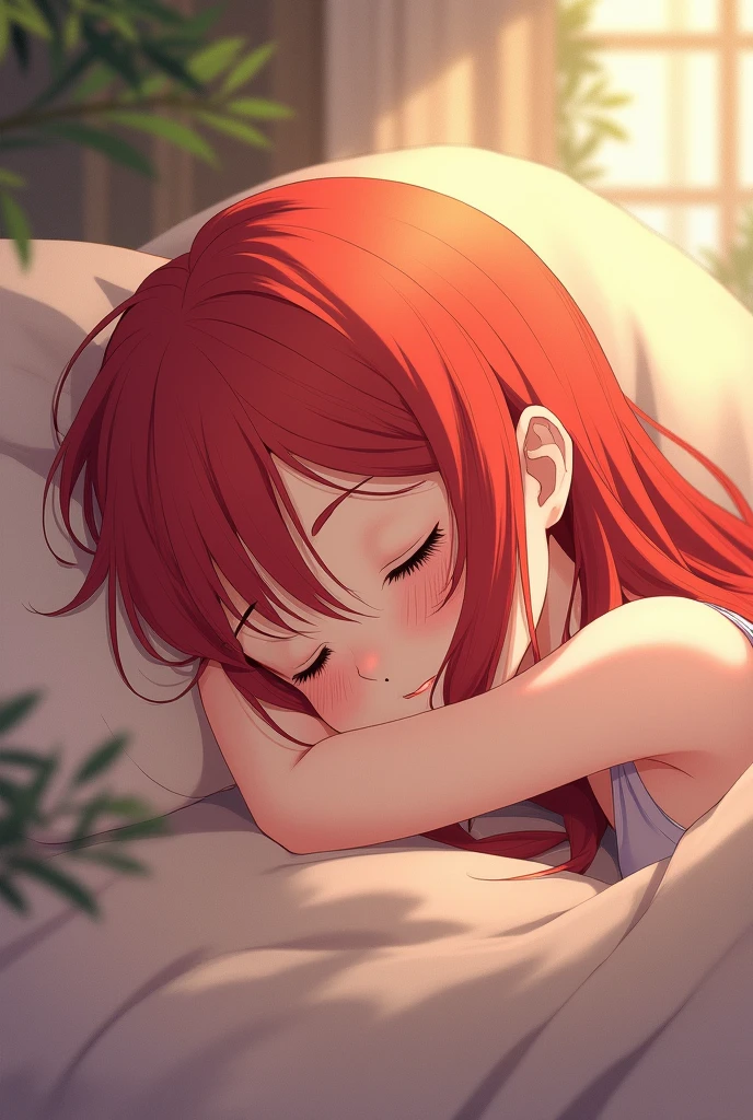 Red Hair　Girl　Are sleeping　Anime Style