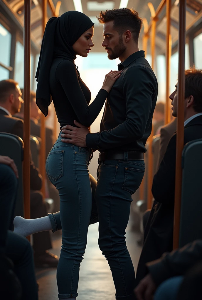 with black headscarf,jeans and white socks,  Sexy skinny woman touches the front of the man&#39;s pants with her foot on the bus. 