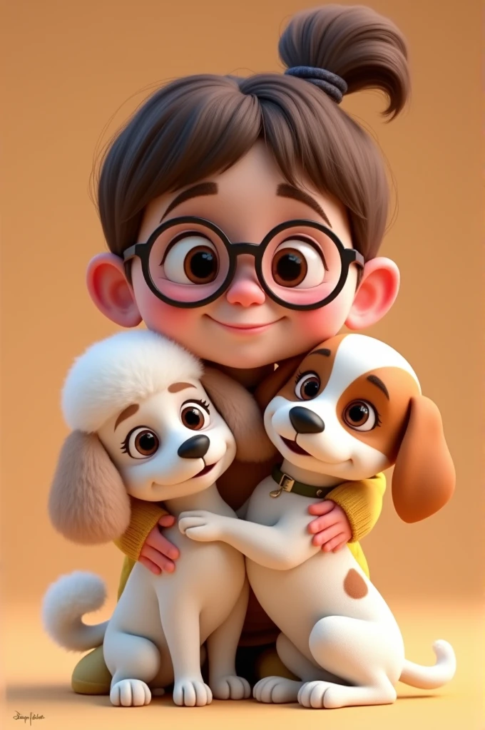 Disney Pixar A 3d toon cartoon of a chubby, plump, somewhat fat girl of about 3 with big glasses and tender eyes, She wears brown hair up in a bun with a middle part,small nose cute smile, who hugs and plays with his two dogs, a white colored poodle and a white Jack Russell dog with light brown 1 eye patch and large brown spots on his body. Both dogs happy and cute. To use as Instagram profile picture
