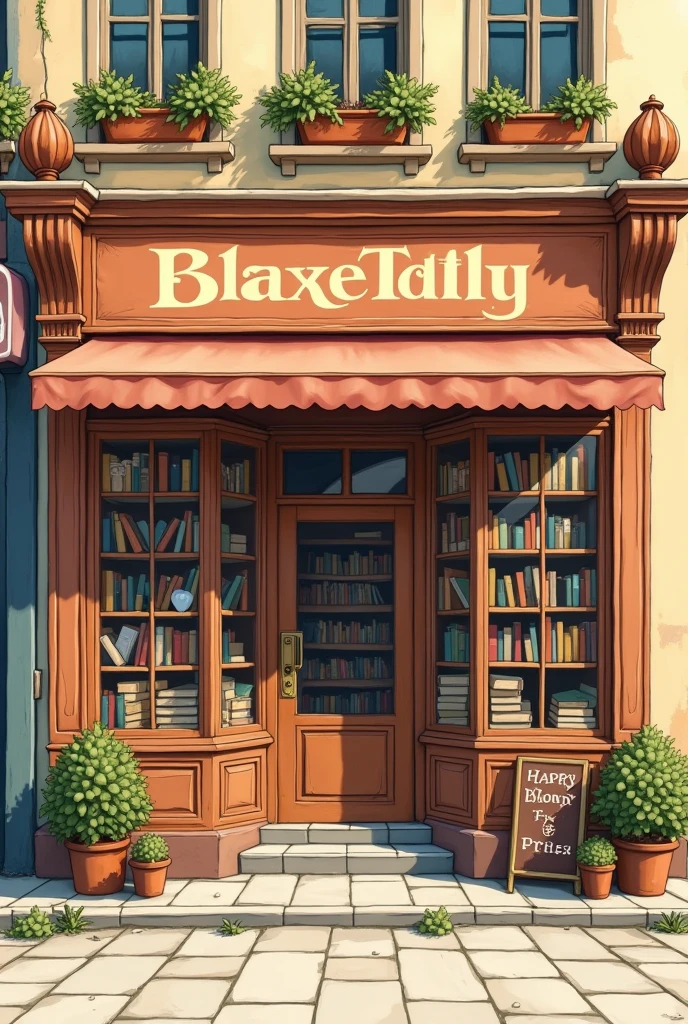 draw the facade of a classic bookstore, that it is as similar to a common drawing as possible, that it is not noticeable that it is ia. It shows an entrance with a wooden door, large windows and a sign with the name of the bookstore. Includes some books on display in front of the window and a canopy over the entrance. Use warm colors for a cozy look.