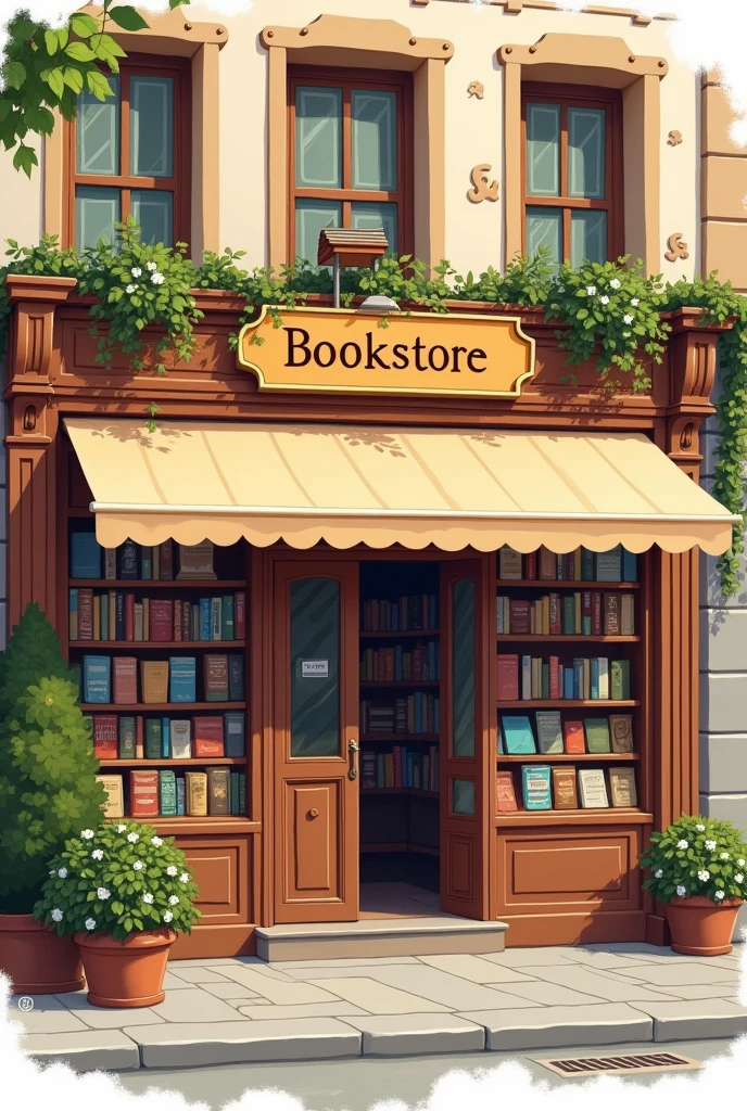 draw the facade of a classic bookstore, that it is as similar to a common drawing as possible, that it is not noticeable that it is ia. It shows an entrance with a wooden door, large windows and a sign with the name of the bookstore. Includes some books on display in front of the window and a canopy over the entrance. Use warm colors for a cozy look.