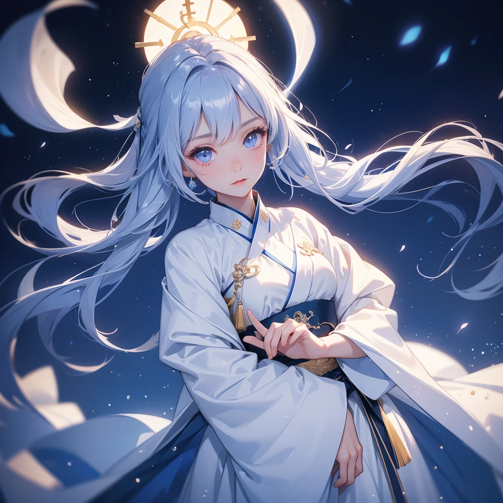 A beautiful female in white hanfu dress , Standing in the middle of dark night, with moonlight and millions of stars, twinkling everywhere, with blue light, close up.