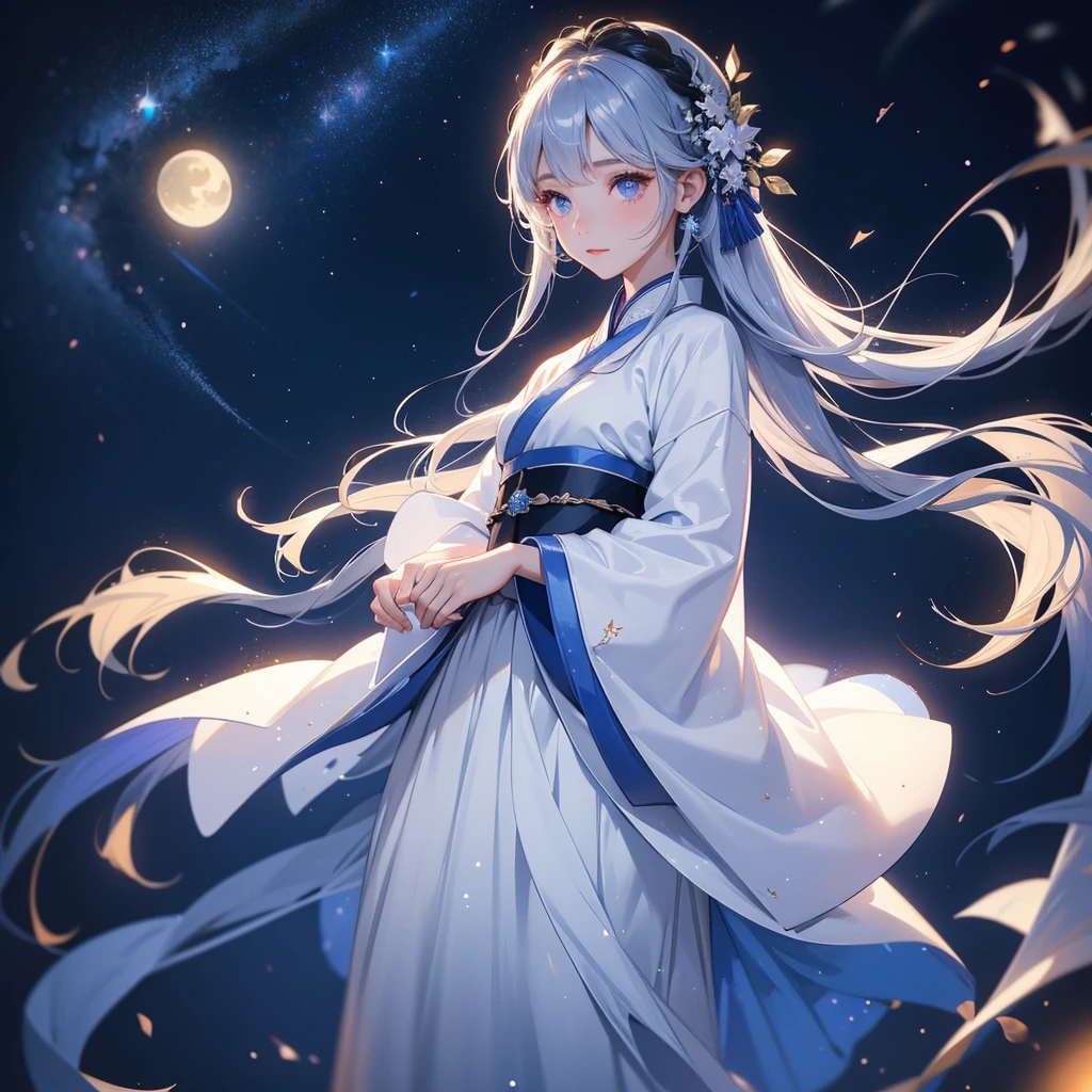 A beautiful female in white hanfu dress , Standing in the middle of dark night, with moonlight and millions of stars, twinkling everywhere, with blue light, close up.