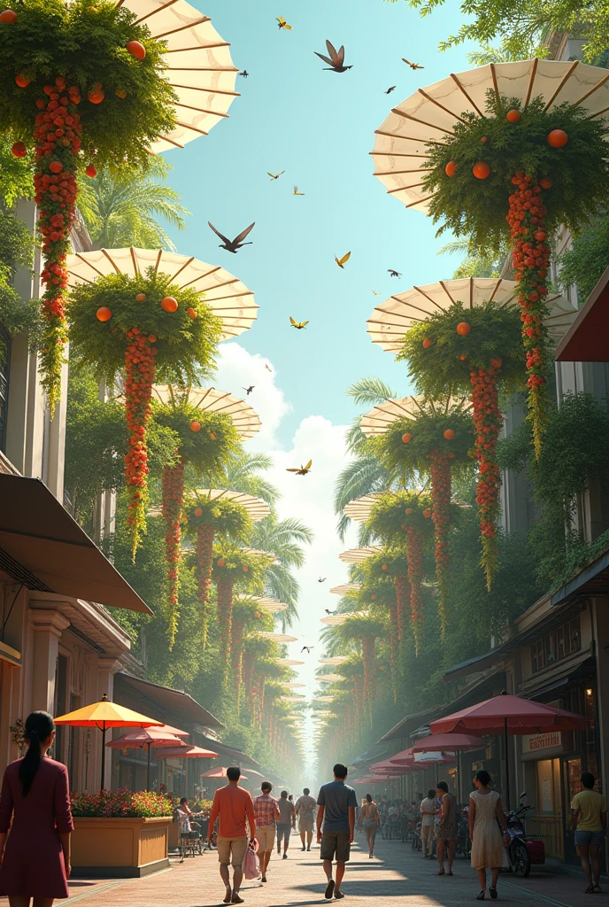(photorealism:1.2), The Church Street in Bangalore in India, with floating vegetation of beautiful flowers and fruits, held in the air by white canopies, insects and birds roaming around the canopies, the vegetal canopies are provided by the Green Shades and provide shade for the people.