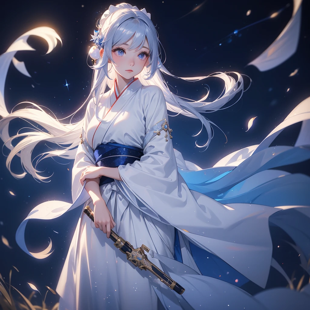 A beautiful female in white hanfu dress , Standing in the middle of dark night, with moonlight and millions of stars, twinkling everywhere, with blue light, close up.