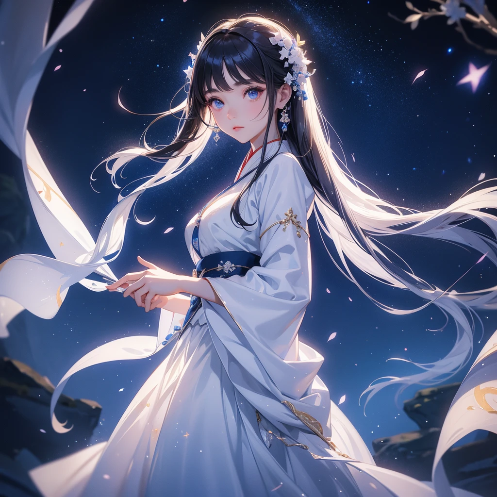 A beautiful female in white hanfu dress , Standing in the middle of dark night, with moonlight and millions of stars, twinkling everywhere, with blue light, close up.