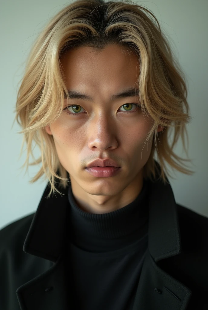 black asian man with blond straight hair and green eyes and slanted