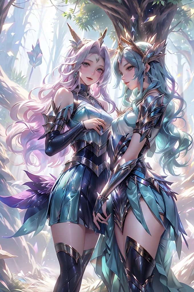 Create an illustration for a book in the genre "fantasy", On the edge of a beautiful forest a knight and a unicorn are talking.